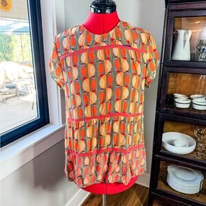 Benares Artsy Boho Colorful Short Sleeve Pullover Blouse Size L